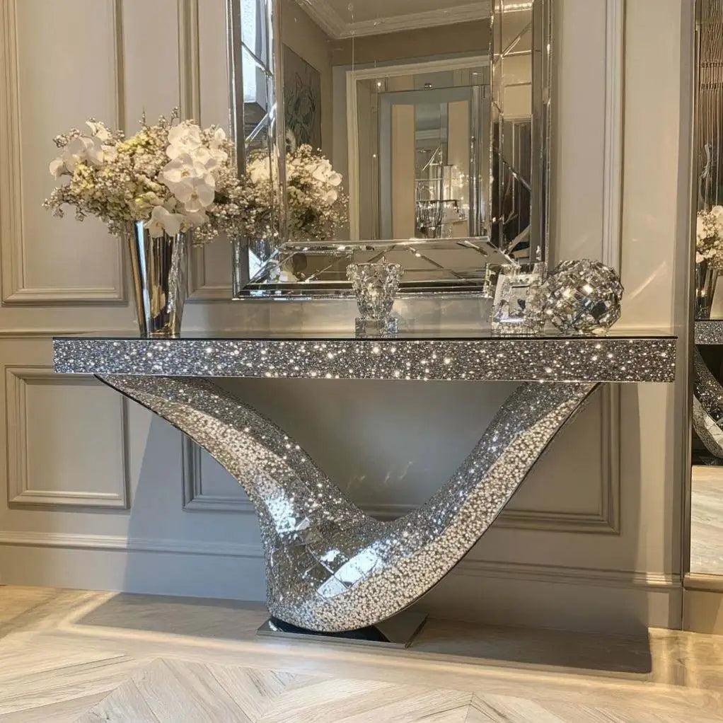 Crushed Diamond Mirror Console Table | Sculptural Arch Base | Glam Entryway Furniture - view 3