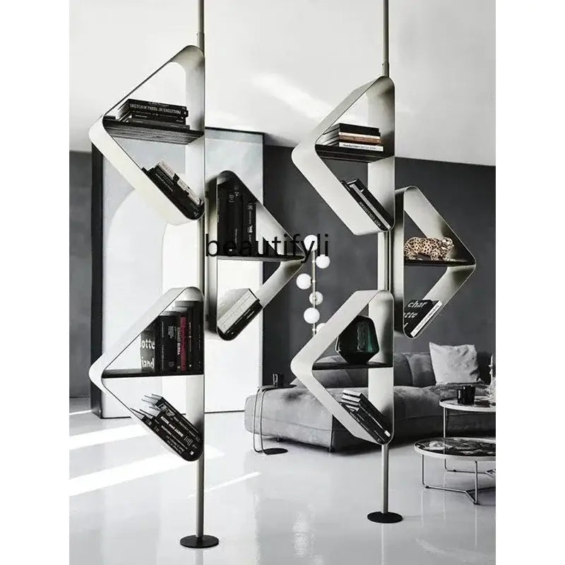 Stainless steel partition bookshelf showcasing modern design with open shelves and books.