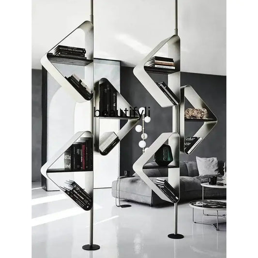 Stainless steel partition bookshelf showcasing modern design with open shelves and books.