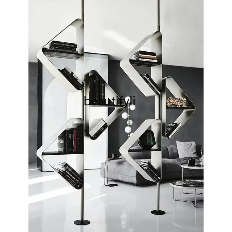 Stainless steel partition bookshelf showcasing modern design with open shelves and books.