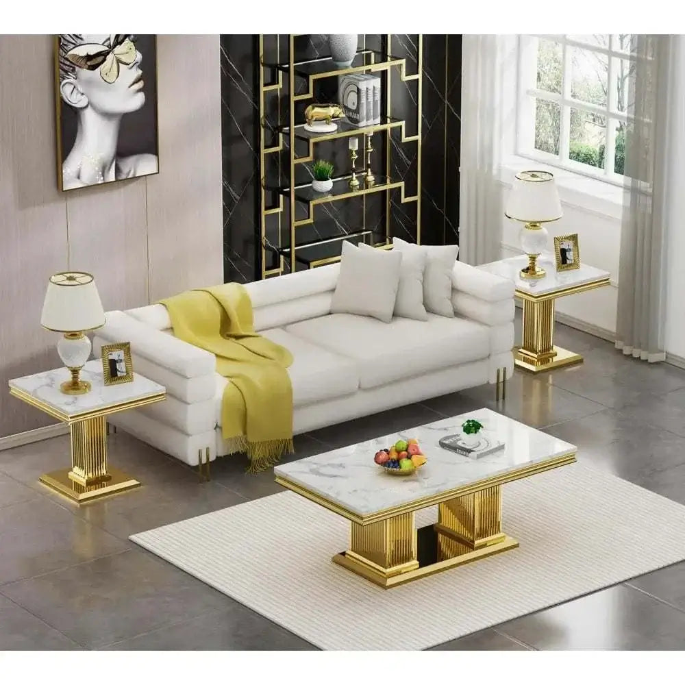 White Faux Marble Coffee Table Set displayed in a modern living room with elegant decor and gold accents.