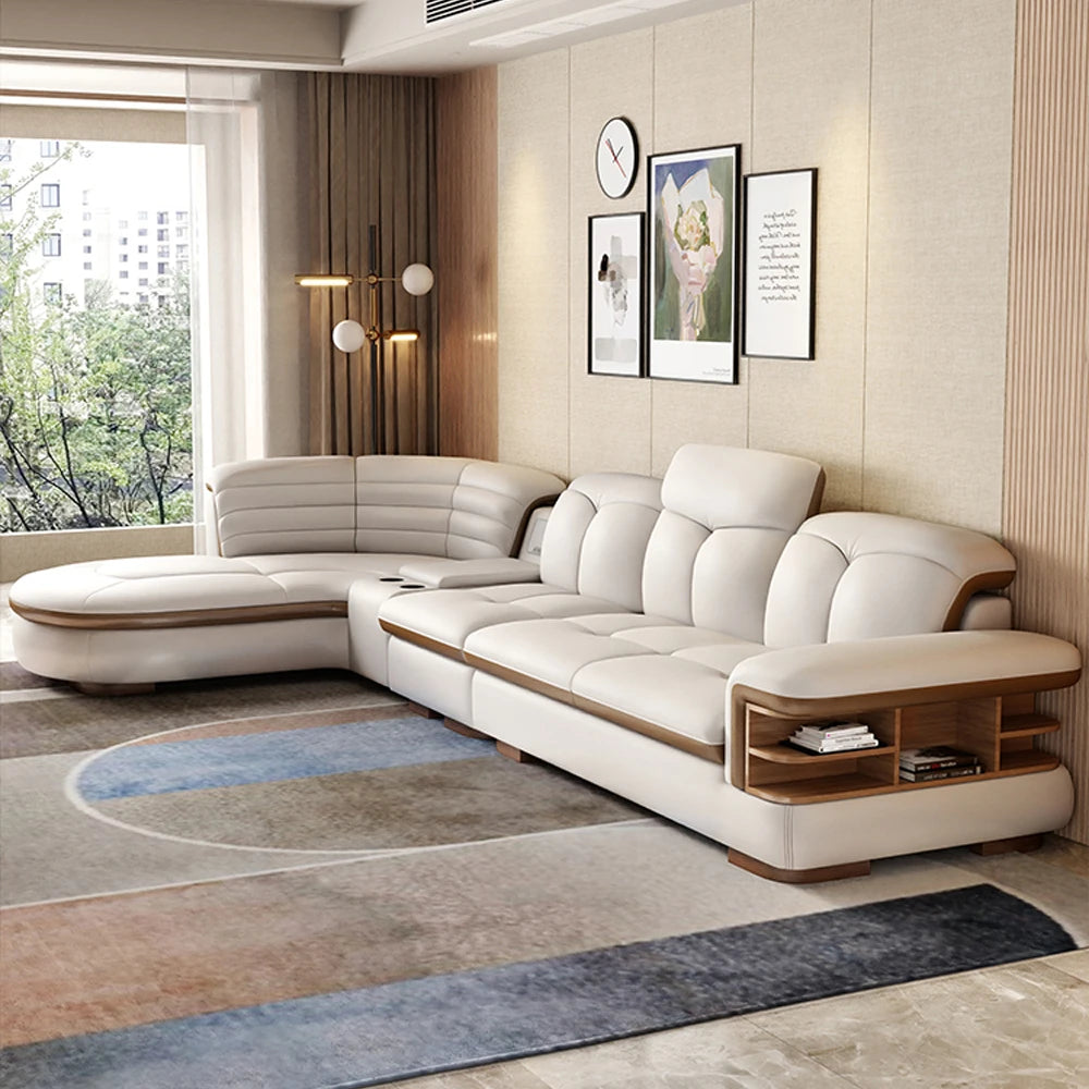 Luxury L-Shaped Genuine Leather Sectional Sofa Sets with USB, Bluetooth Speaker