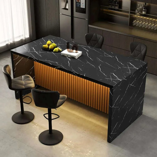 Large modern rectangle dining table with imitation marble surface and LED lights for kitchen and dining room accommodating 4-6 people