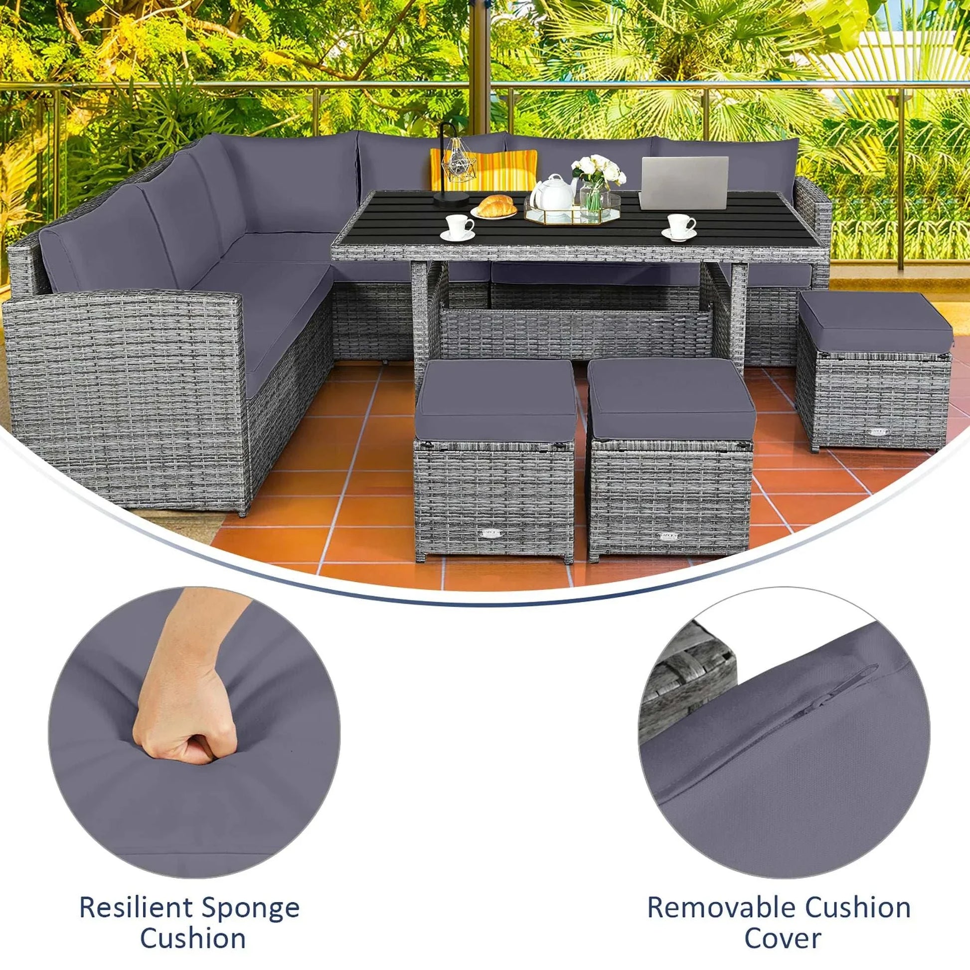 7 PCS Patio Rattan Dining Set with handwoven PE rattan, resilient sponge cushions, removable covers, modular sectional design