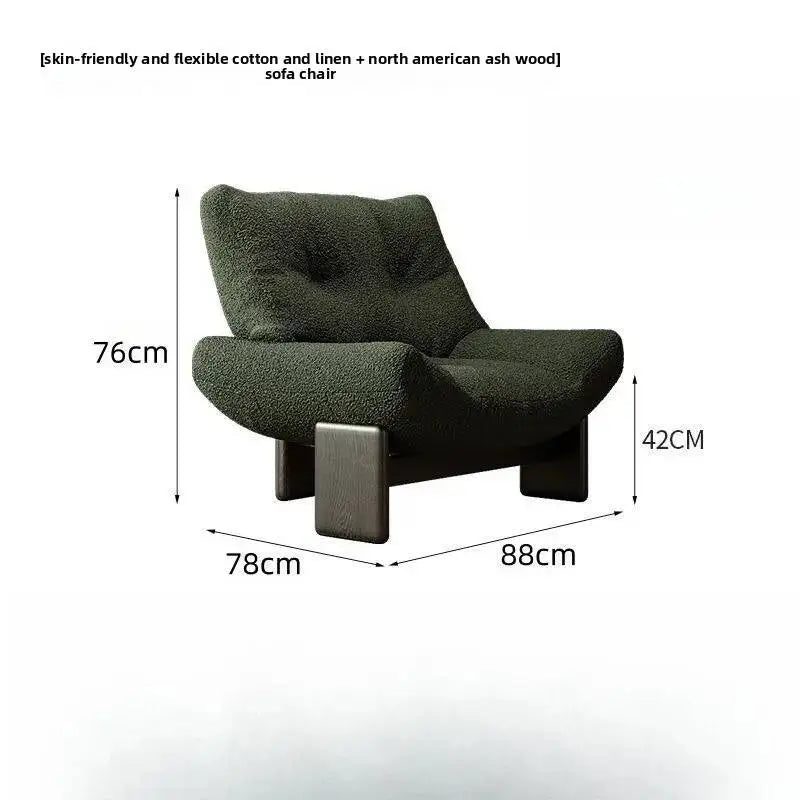 Green sofa chair with dimensions labeled on a white background