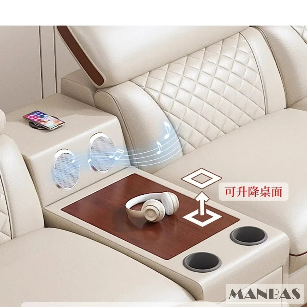 Premium Italian Genuine Leather Sofa Set, Adjustable Headrests, Bluetooth Speaker, Wireless Charger