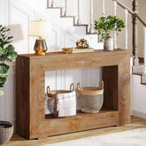 Wooden console table with decorative items in a home setting