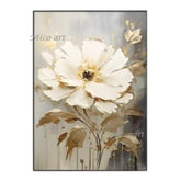 Floral painting with white and gold flowers on a gray background, featuring the brand &