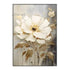 Floral painting with white and gold flowers on a gray background, featuring the brand &