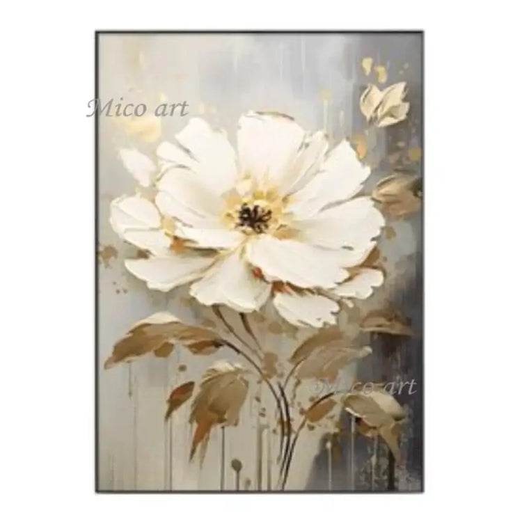 Floral painting with white and gold flowers on a gray background, featuring the brand &