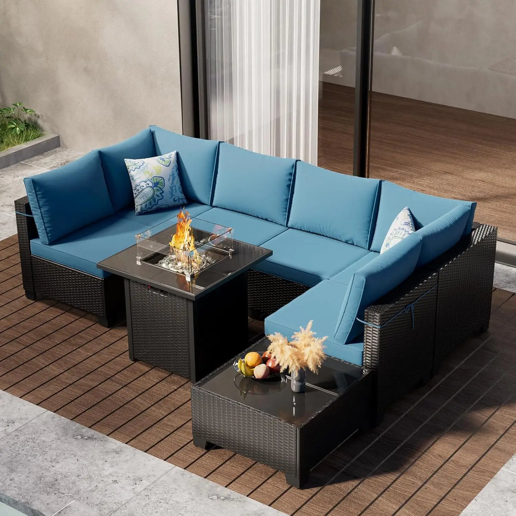 8 Pcs Patio Furniture Set with Fire Pit Table