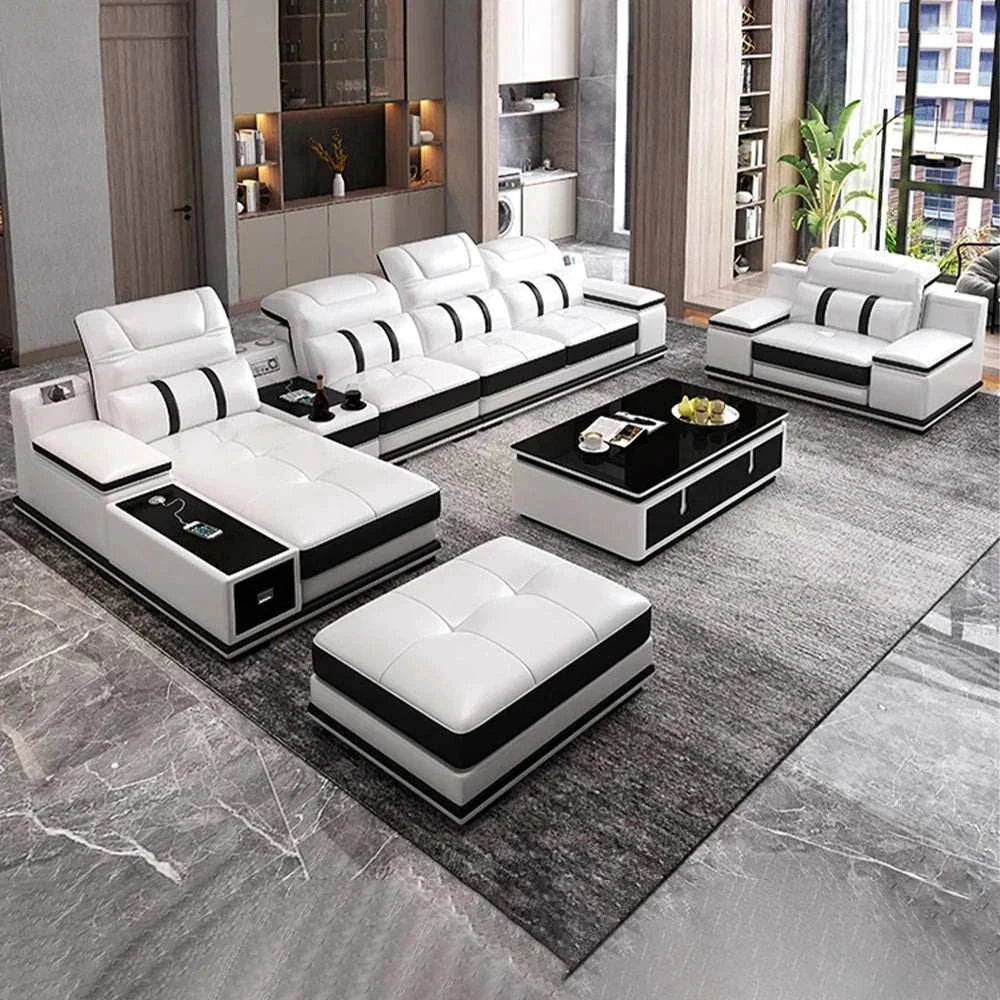 Modern genuine leather sofa set with Bluetooth speakers, USB ports, adjustable headrests, white and black Italian design