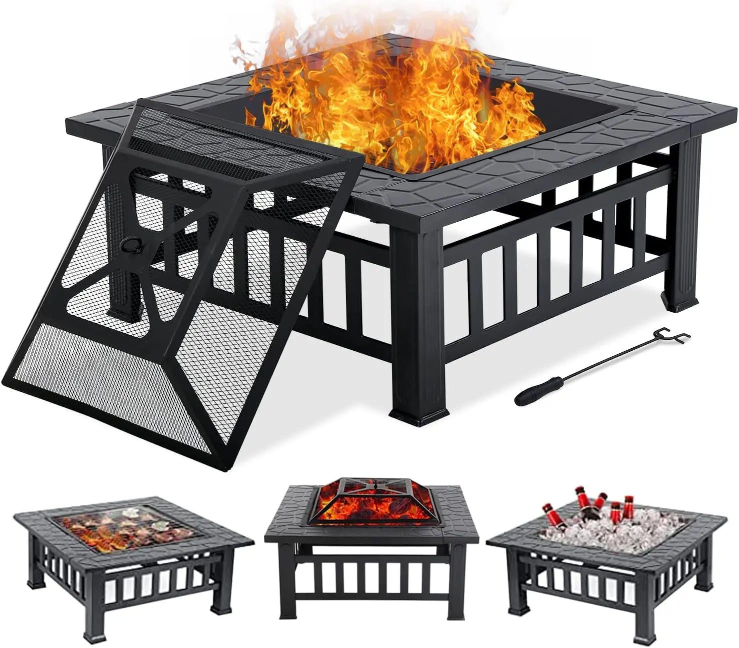 32" Fire Pit Table for Outside,Outdoor Fire Pit Square Wood Burning with Spark Screen Fire Poker for Camping,Backyard,Patio - view 1