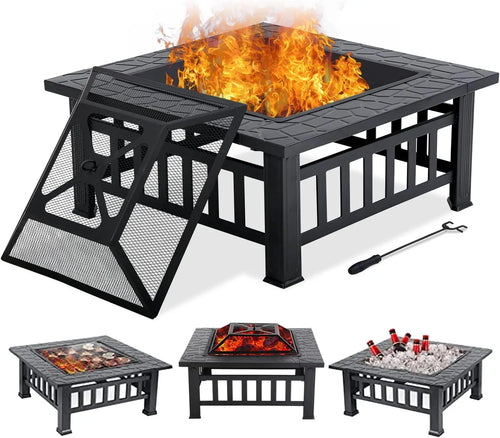 32" Fire Pit Table for Outside,Outdoor Fire Pit Square Wood Burning with Spark Screen Fire Poker for Camping,Backyard,Patio - view 1