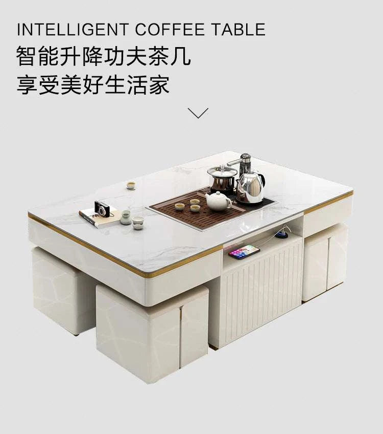 Intelligent coffee table with tea set on a white background