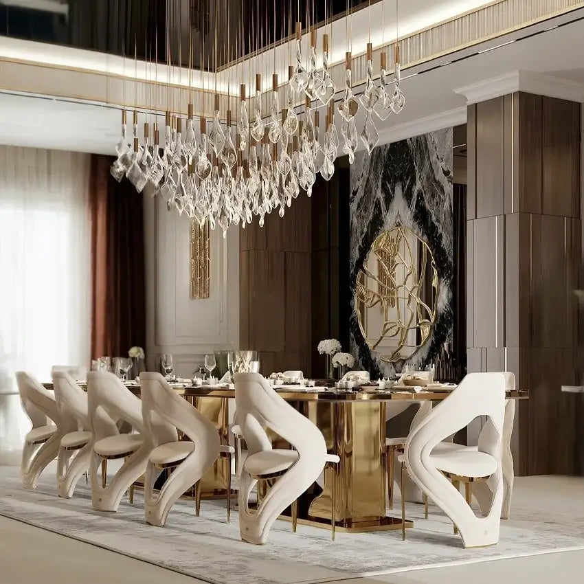Luxury marble dining table set showcased in a modern elegant dining room with stylish chairs.