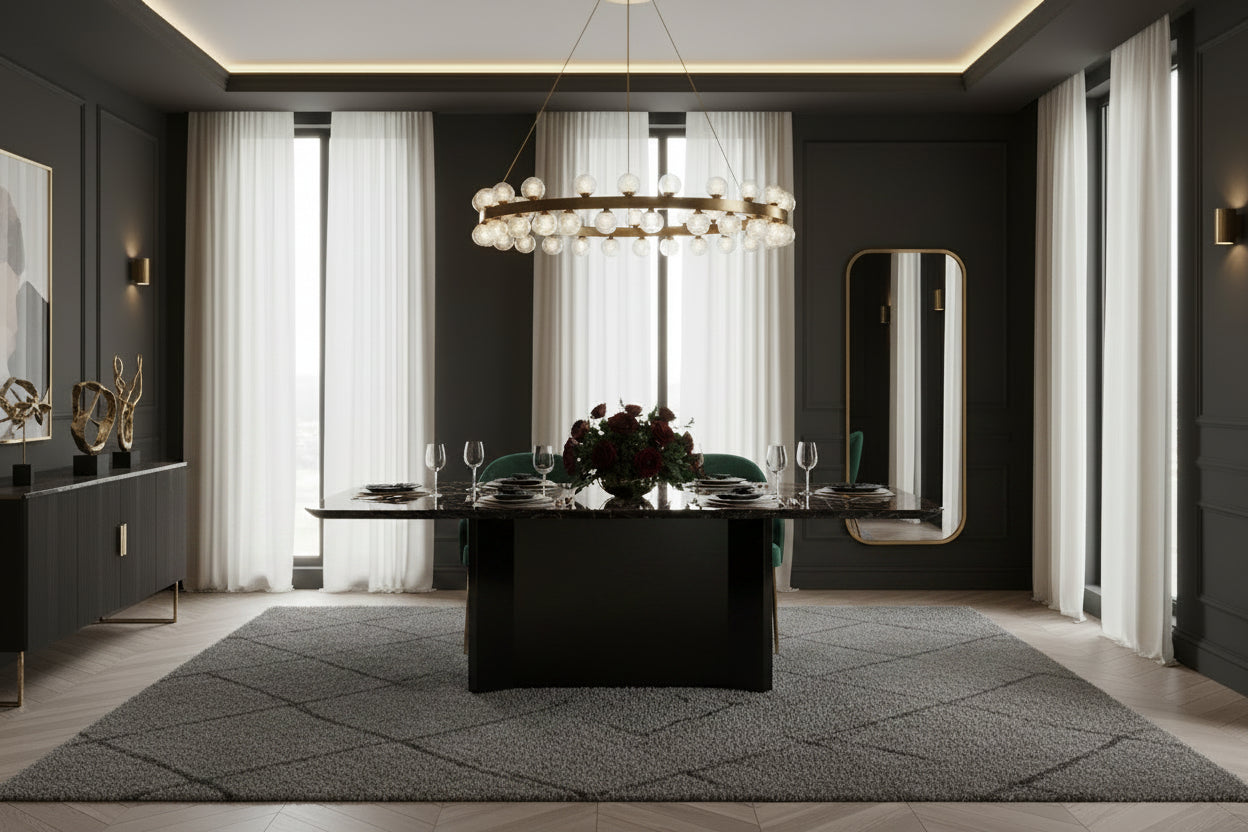 Italian Marble Dining Set featuring a modern rectangular table and elegant chairs in a stylish dining room.