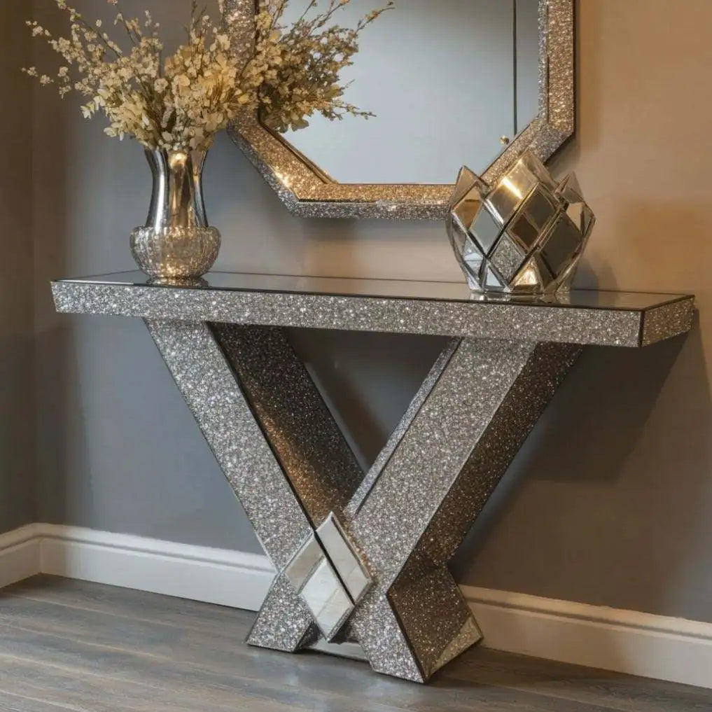 Crushed Diamond Mirror Console Table | Sculptural Arch Base | Glam Entryway Furniture - view 6