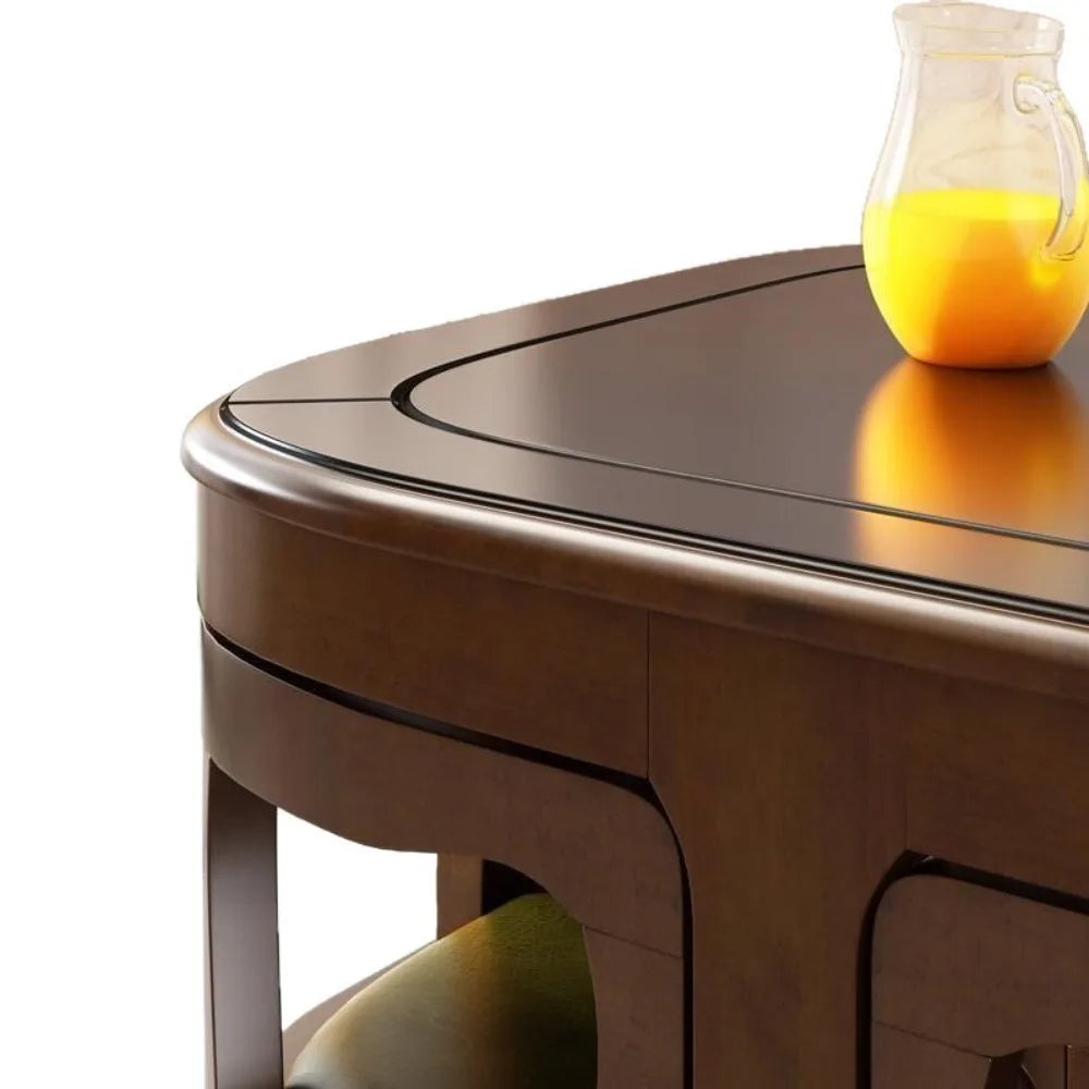 Solid Rubberwood dining set with induction cooker featuring a sleek table edge and a pitcher of juice.