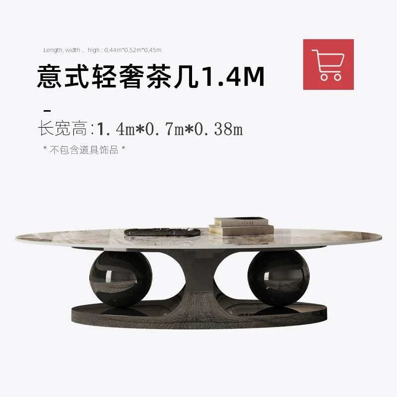 Modern coffee table with marble top and black cylindrical legs on a white background, featuring product dimensions and a shopping cart icon.