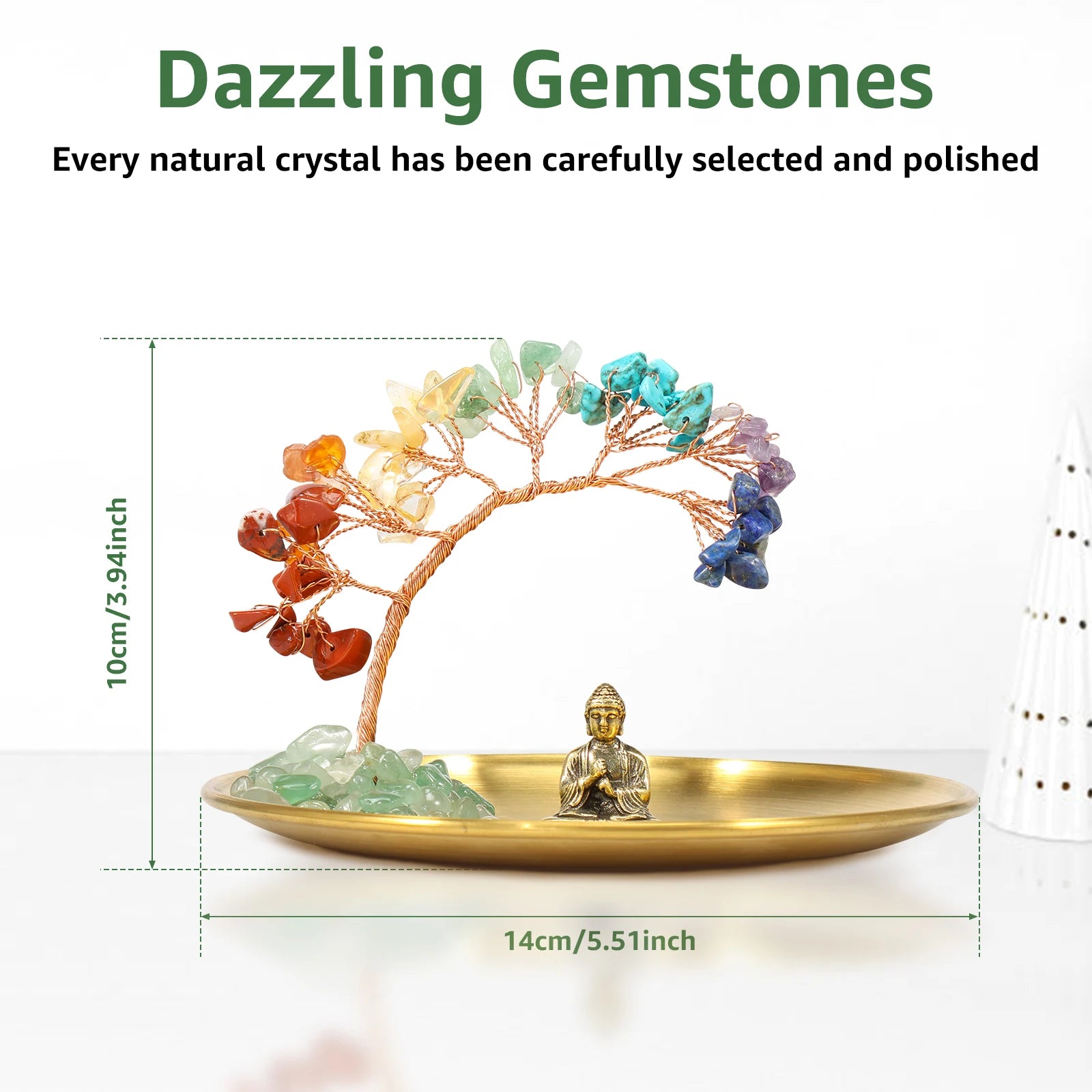 Tree and Buddha Statue Decor with Crystal Tree of Life for Home and Bedroom