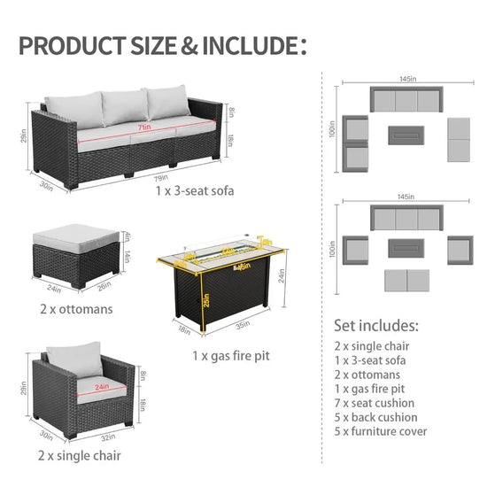 Outdoor furniture set with dimensions and included items listed on a white background