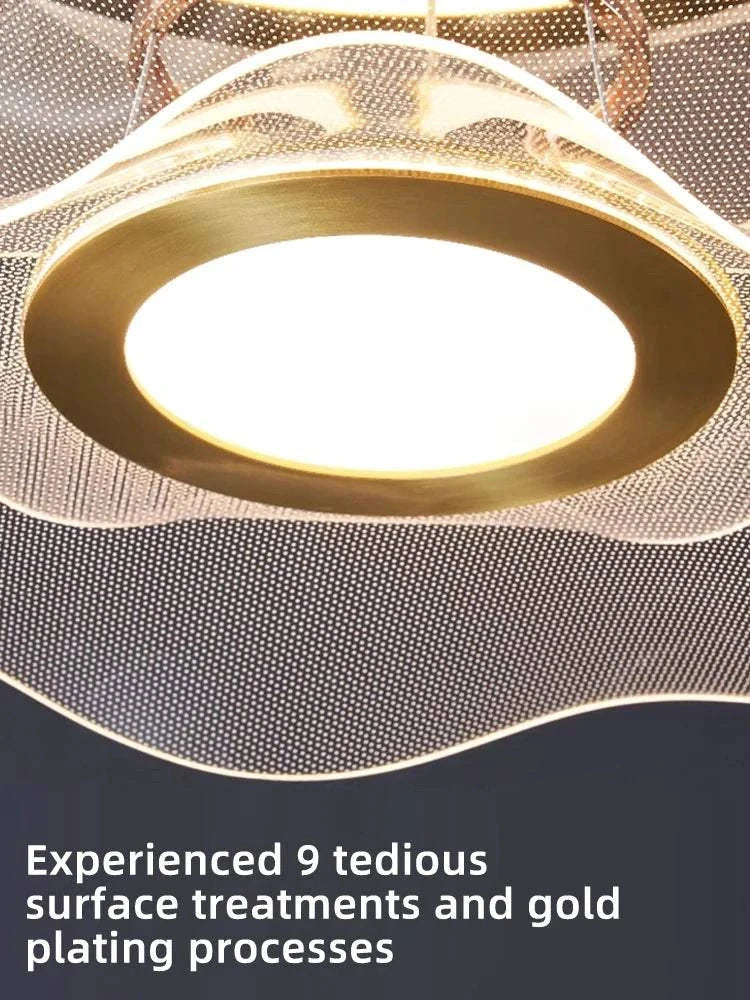 Round modern LED ceiling chandelier with gold plating and minimalist design