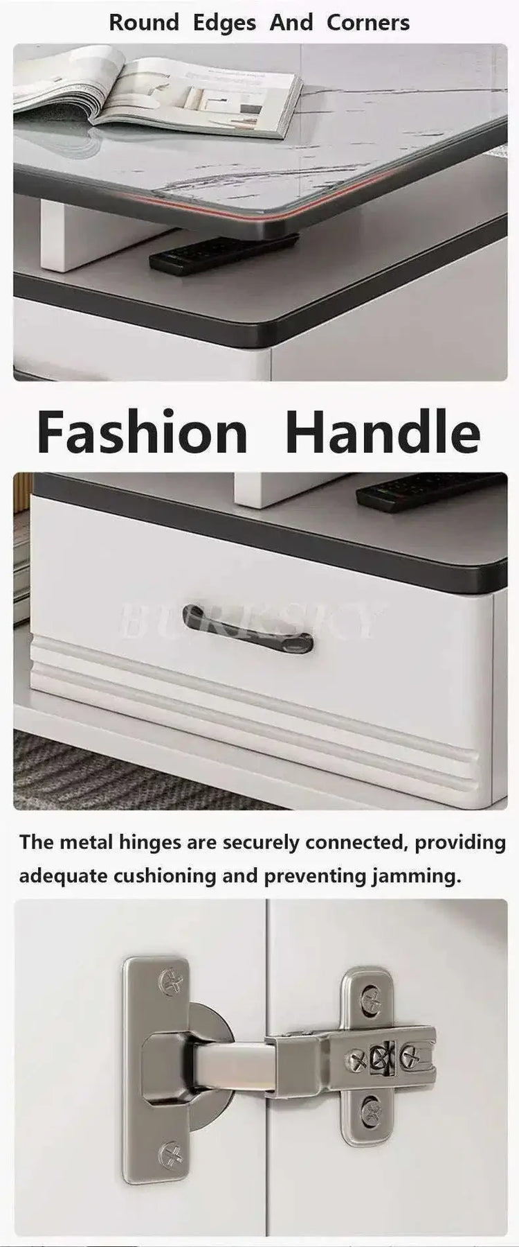 Luxury coffee table and TV cabinet combination with tempered glass and metal hinges