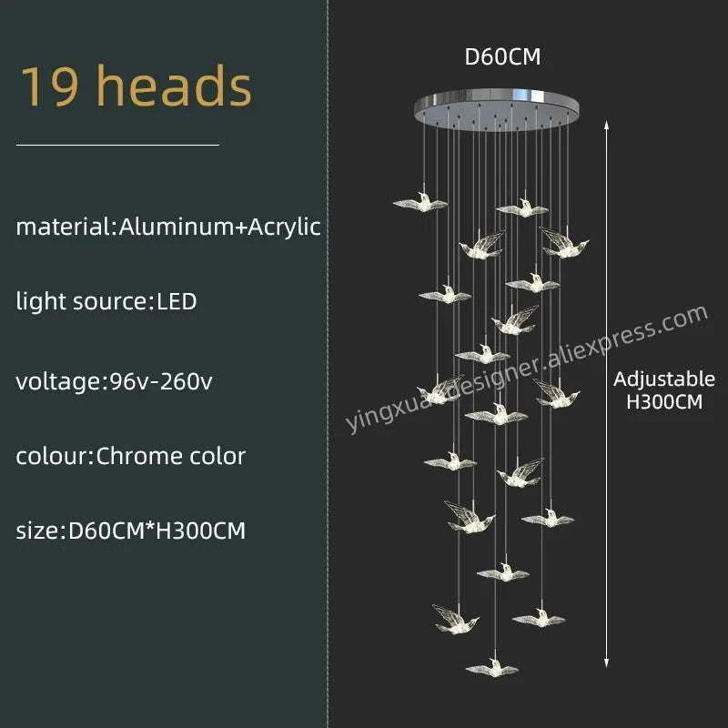 Chandelier with 19 heads, material details, and specifications on a dark background