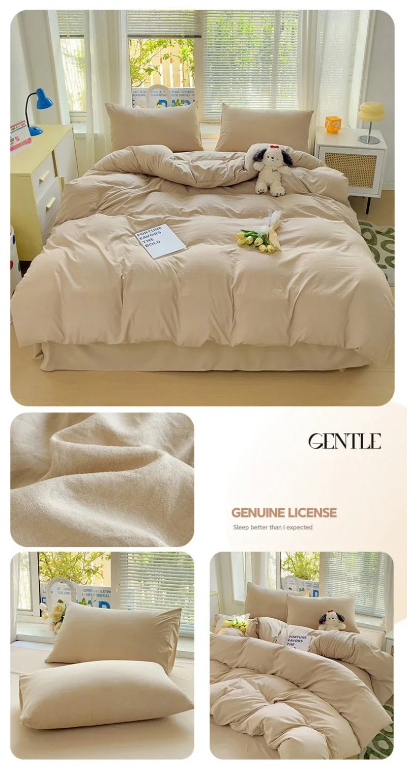 Solid Bed Linen Cotton Bedding Set 4pcs with Sheet Duvet Cover, Pillowcases.