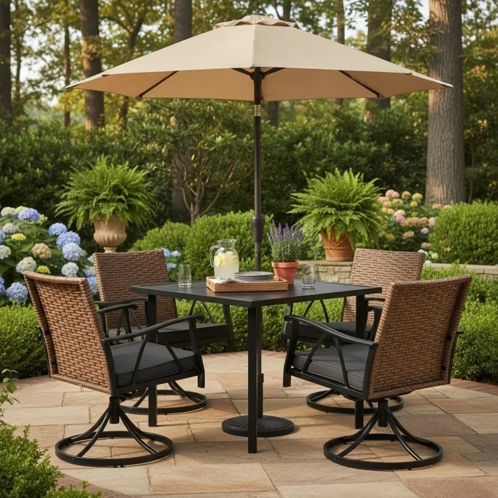 5pc Patio Set Wicker with Swivel Chairs in a lush garden setting featuring a table and umbrella.