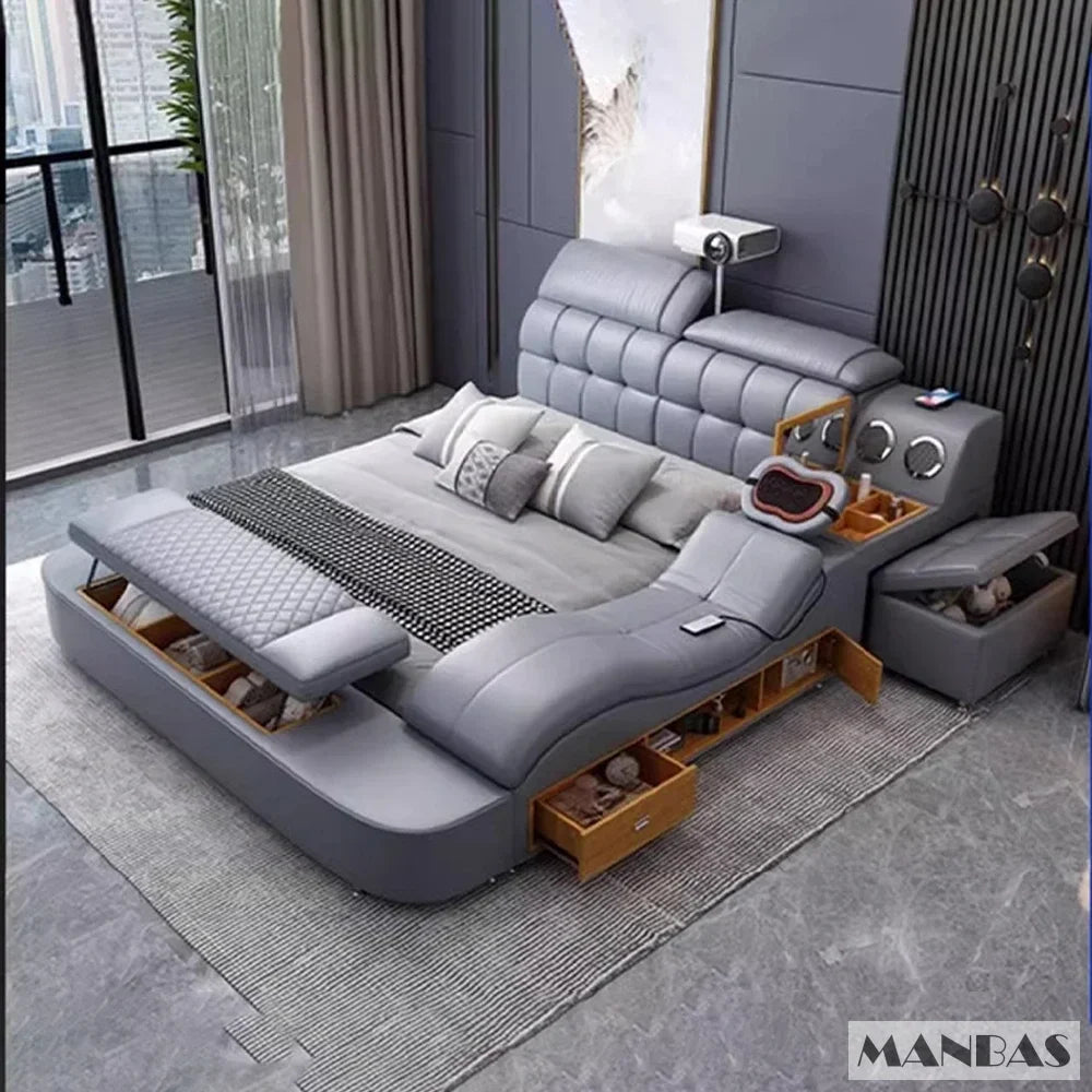 Modern gray bed with storage drawers in a stylish room.
