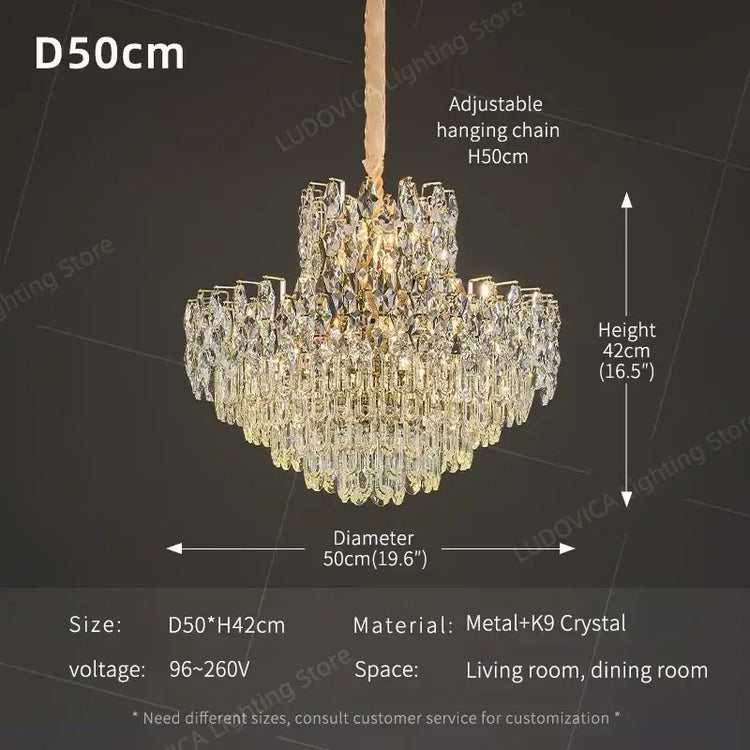 Chandelier with dimensions and specifications on a dark background
