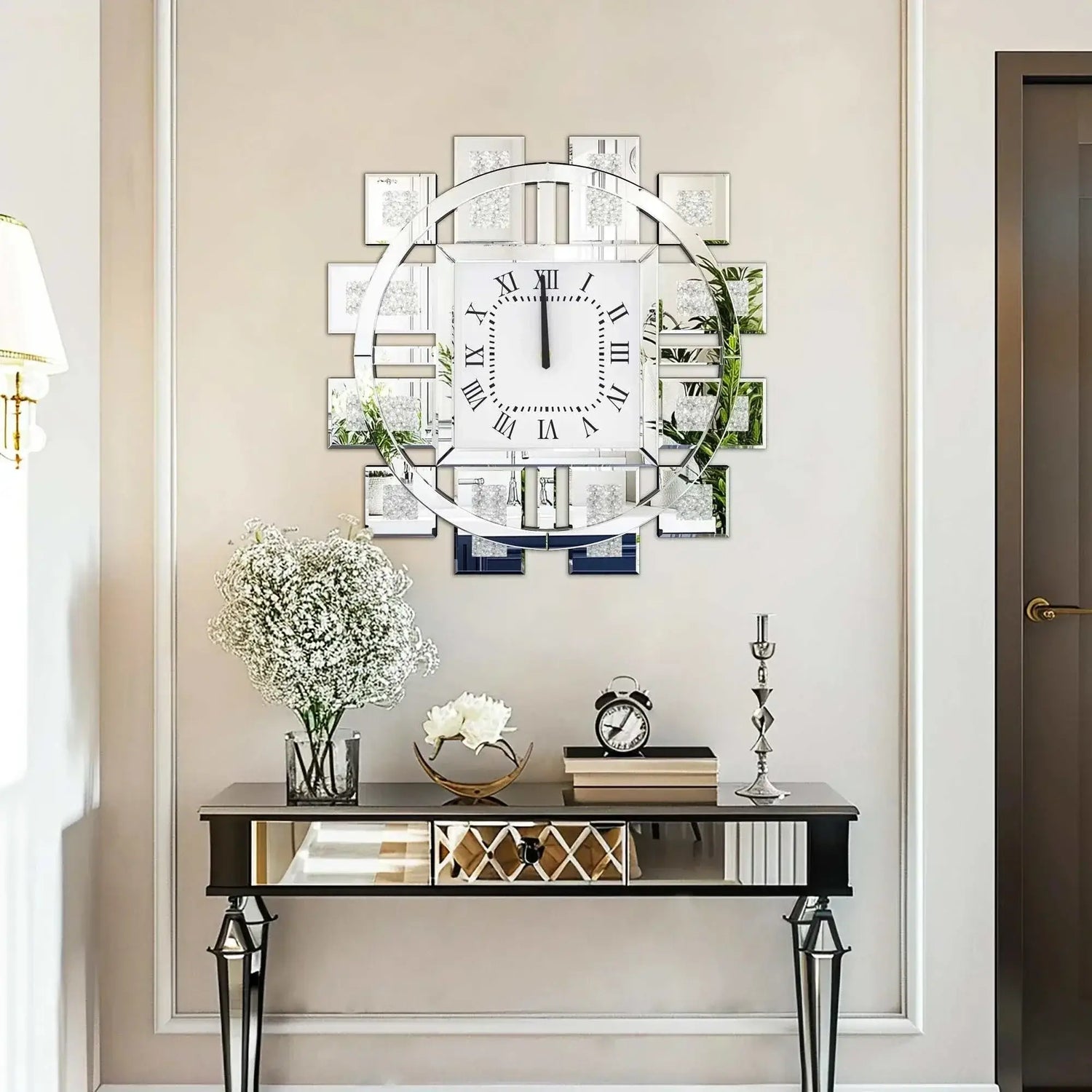 Irregular diamond mirrored wall clock displayed in a modern home decor setting on a stylish console table.