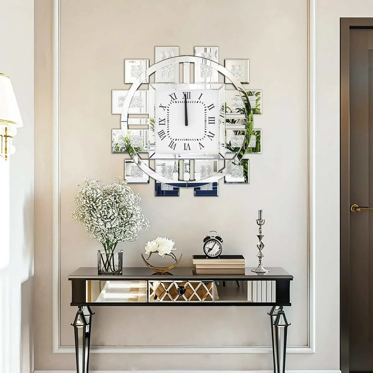 Irregular diamond mirrored wall clock displayed in a modern home decor setting on a stylish console table.