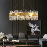 luxury crystal chandelier hanging elegantly in a modern living room with stylish decor.