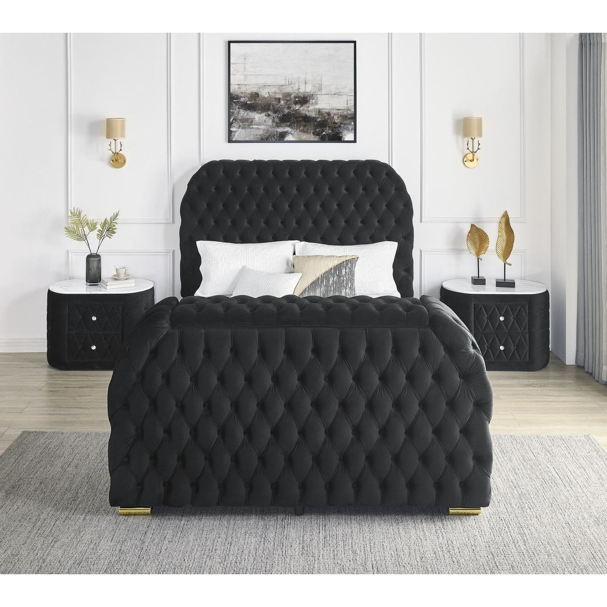 King Size 3-Pc Black Velvet Bedroom Set