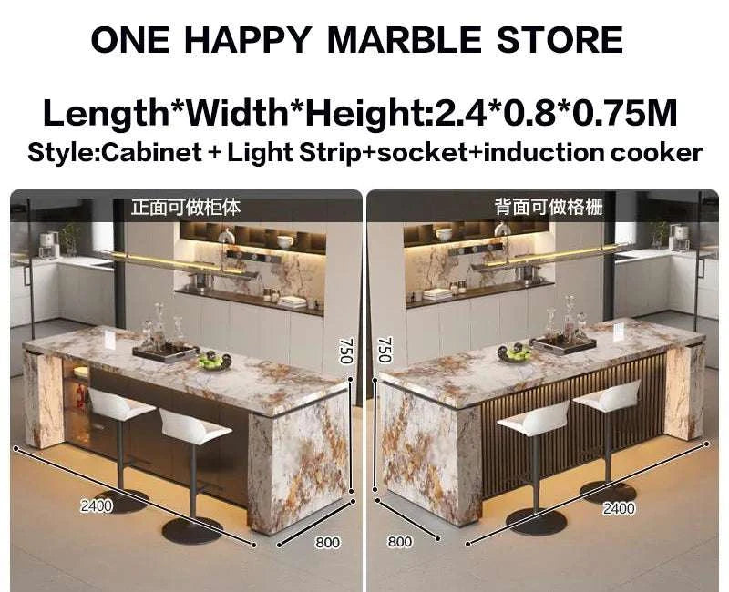 Marble kitchen island with dimensions and product details displayed.