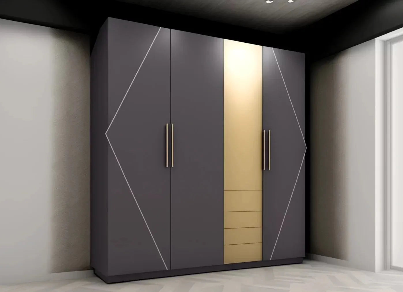 custom walk-in wardrobe system featuring a sleek design with gold accents and modern handles in a contemporary space