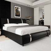Modern faux leather upholstered platform bed with curved headboard and metal accents in a contemporary bedroom setting