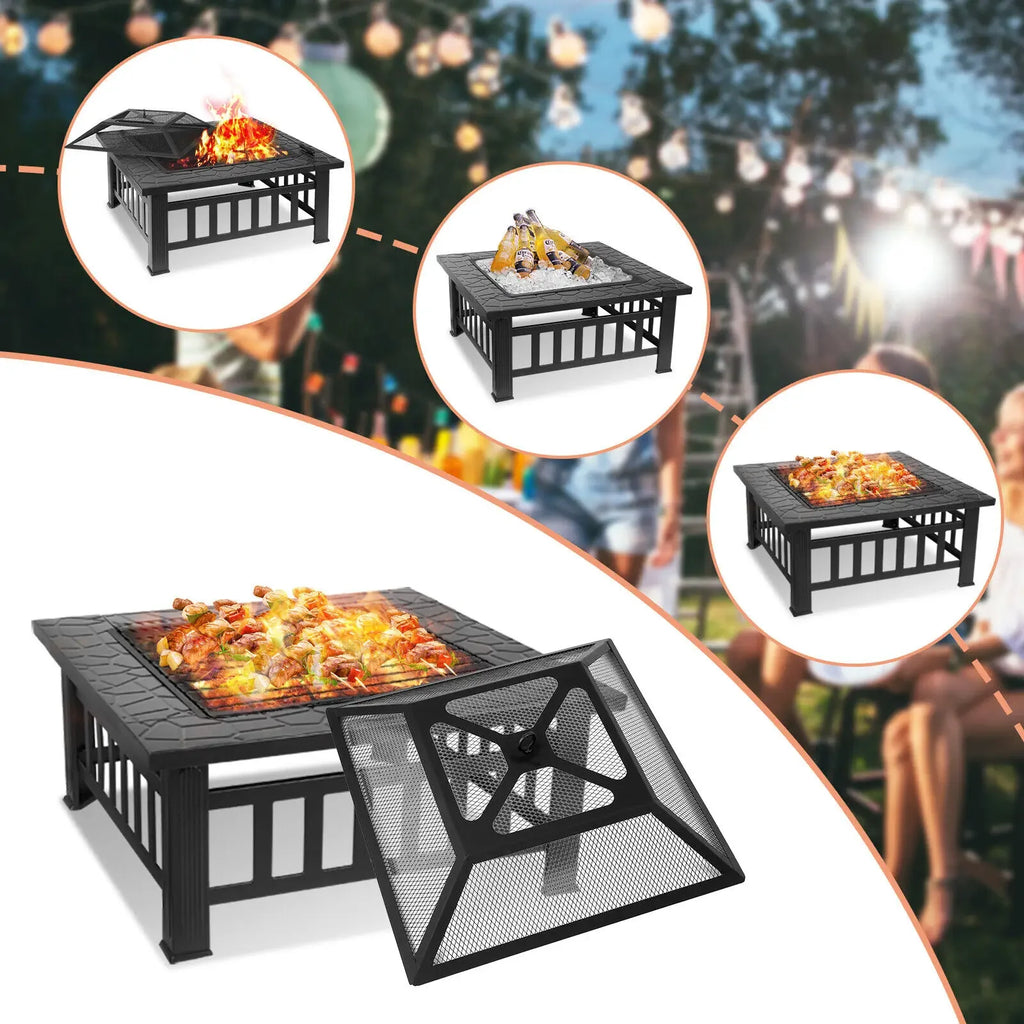 32" Fire Pit Table for Outside,Outdoor Fire Pit Square Wood Burning with Spark Screen Fire Poker for Camping,Backyard,Patio - view 3