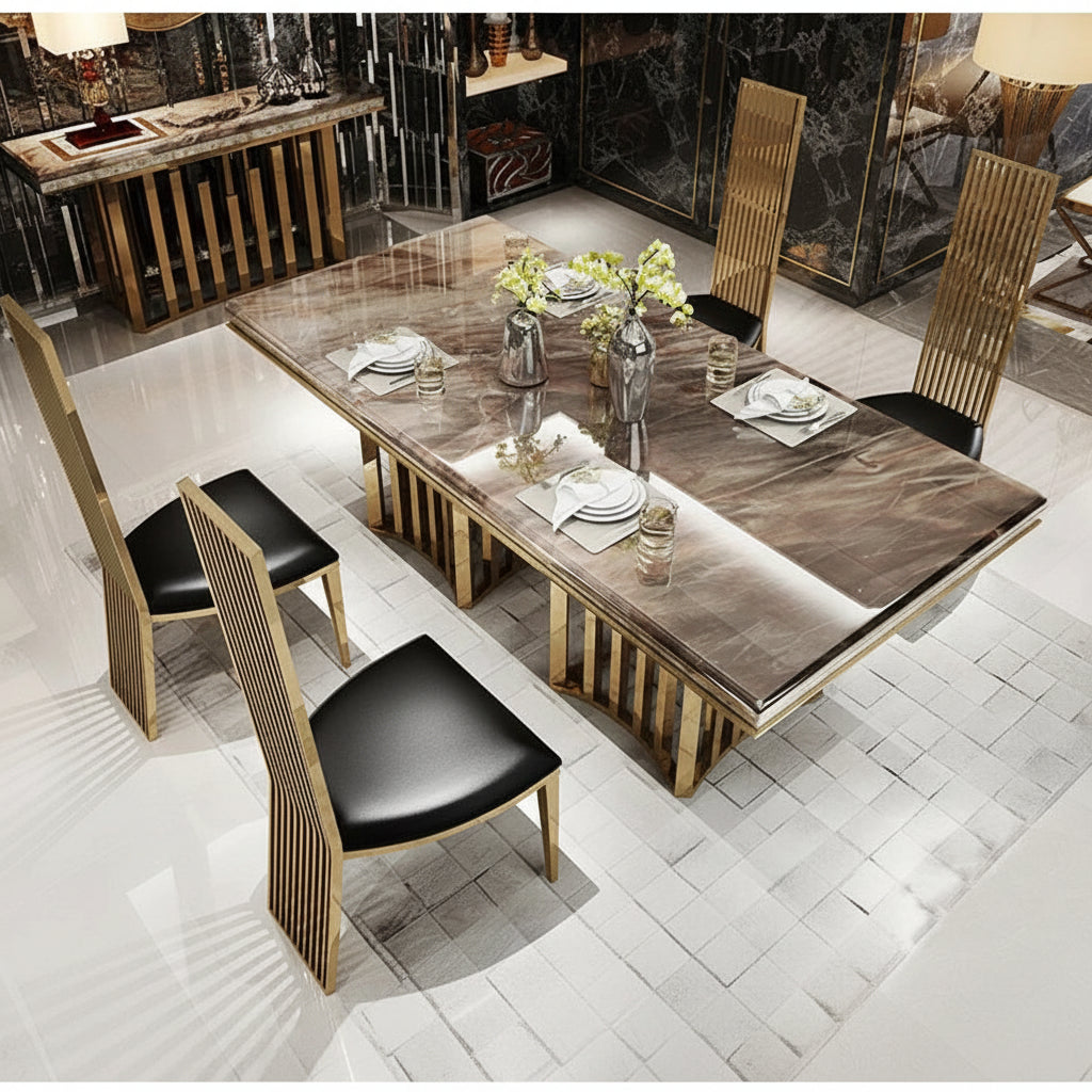 Linlamlim Luxury Marble Dining Table Set with Gold Stainless Steel Frame, Dining Room Table with Sea Shell and High-Back Chairs - view 10