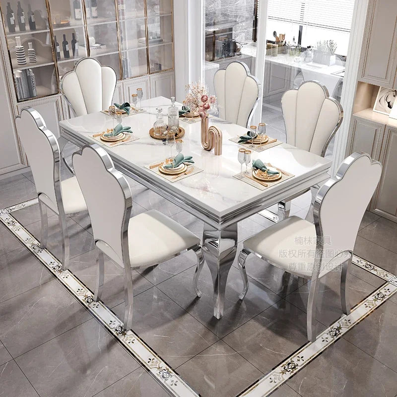 Dining table set with chairs in a modern kitchen