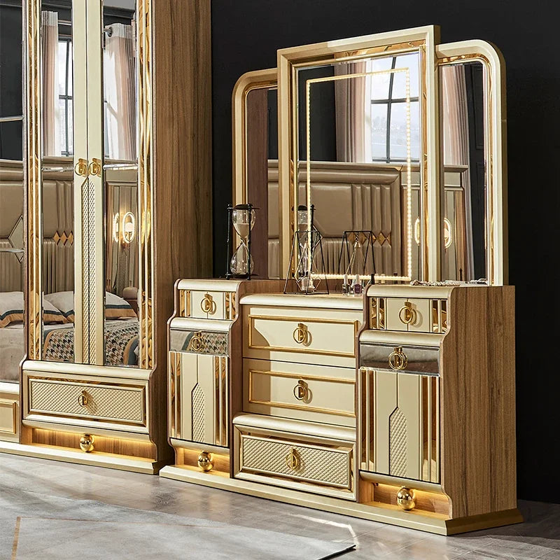 A Luxury Gold Royal Wood King Size Bed Set Villa Master Room Modern Wooden Full Queen Mdf Home Furniture Bedroom Sets - view 4