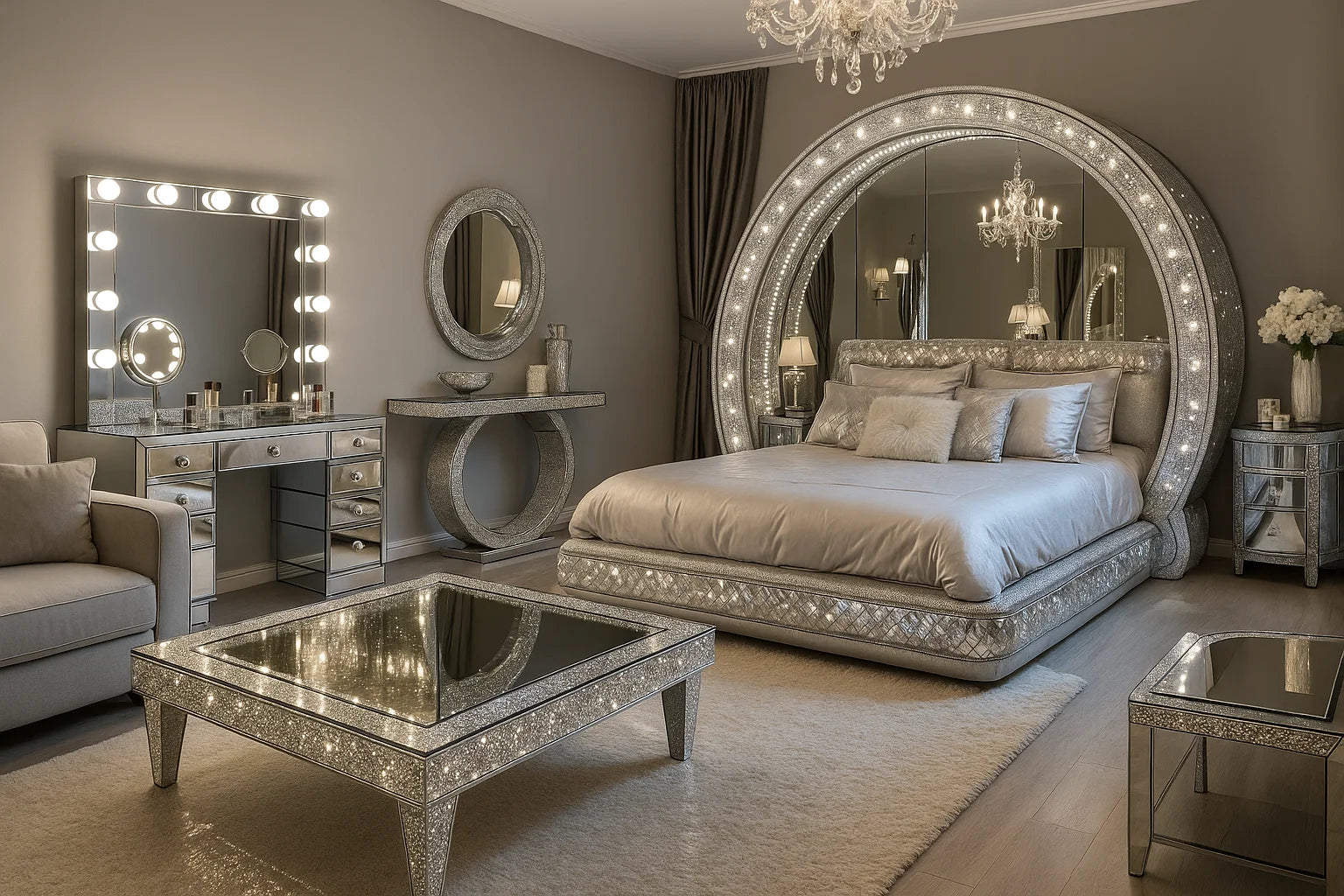 A luxury bedroom featuring a large arched mirror with embedded lights behind the bed, a matching vanity with a lighted mirror, mirrored furniture, and champagne-colored bedding.