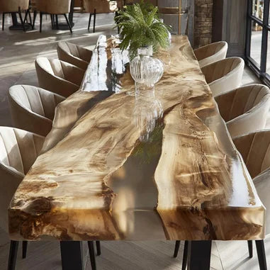 A large live-edge wooden dining table with a glossy resin finish showing natural wood grain, surrounded by upholstered dining chairs in a modern dining room.