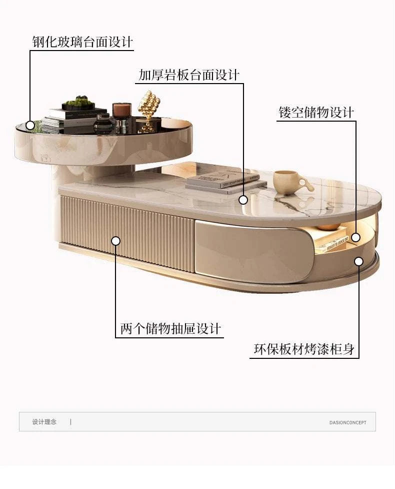Modern coffee table with features highlighted on a white background