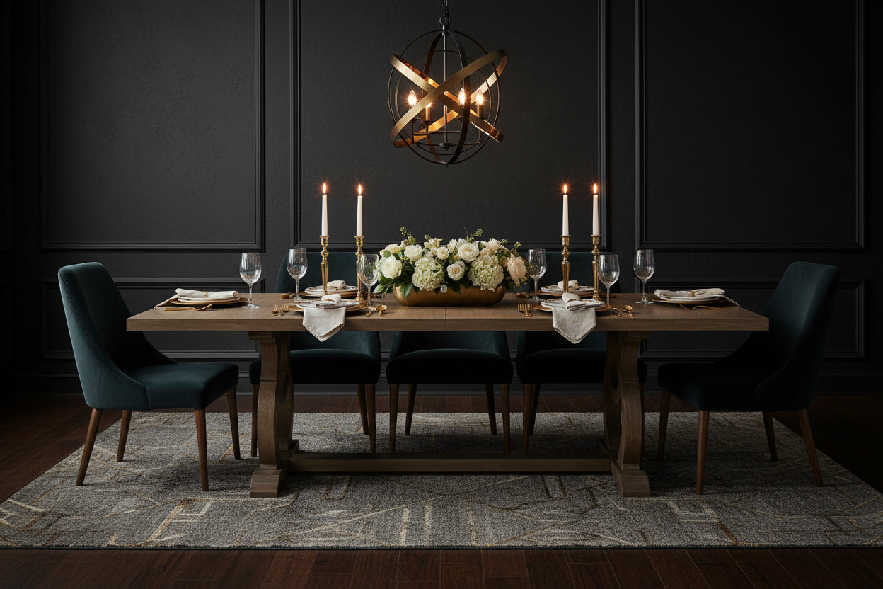 Elegantly decorated dining room with a chandelier a dark background and sphere light fixture and dark colored chairs 