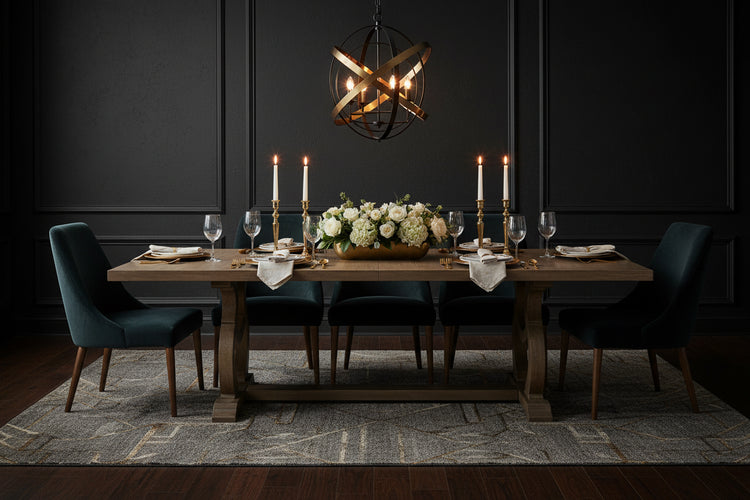 Elegantly decorated dining room with a chandelier a dark background and sphere light fixture and dark colored chairs 