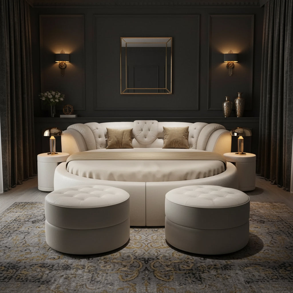 Round beige sofa with tufted backrest and two small tables on a white background